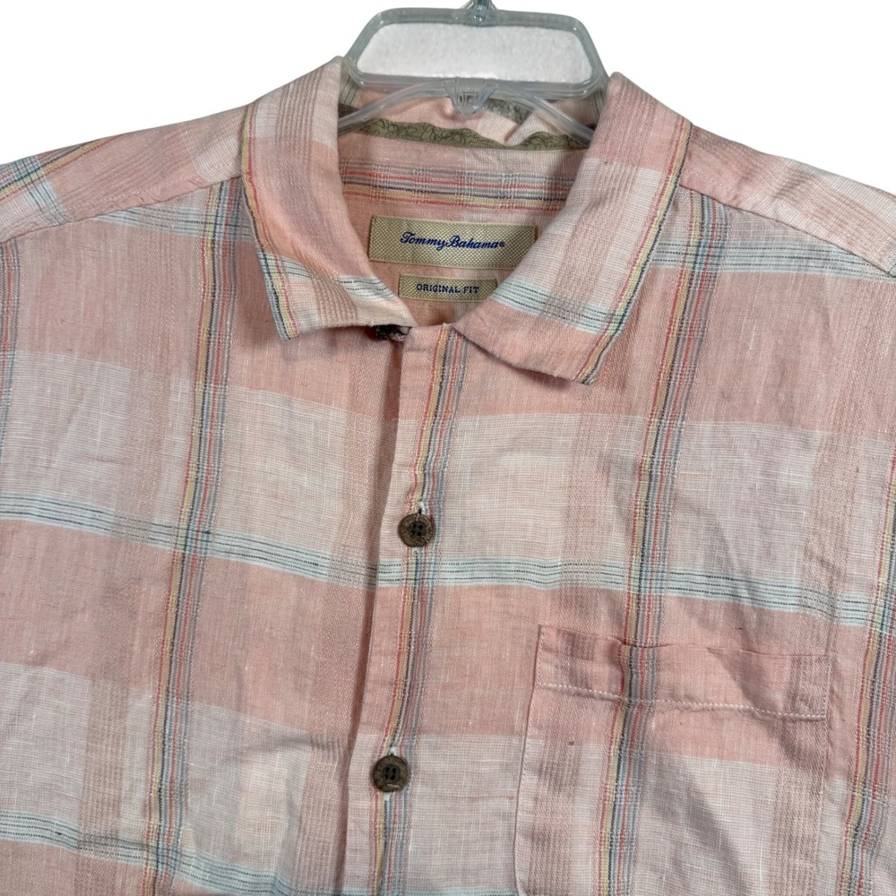 Tommy Bahama Shirt Mens Medium Peach Plaid 100% Linen Short Sleeve Original Fit